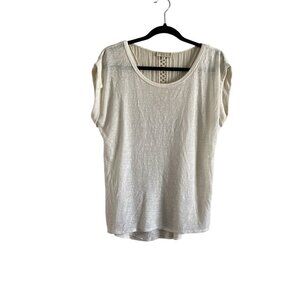 Ambra Women SZ M Ivory Crochet Back Made in Italy Cuff Cap Sleeve Pullover Top